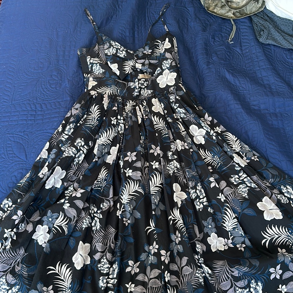 Banana Republic Black Floral Midi Dress with White and Blue Blossoms